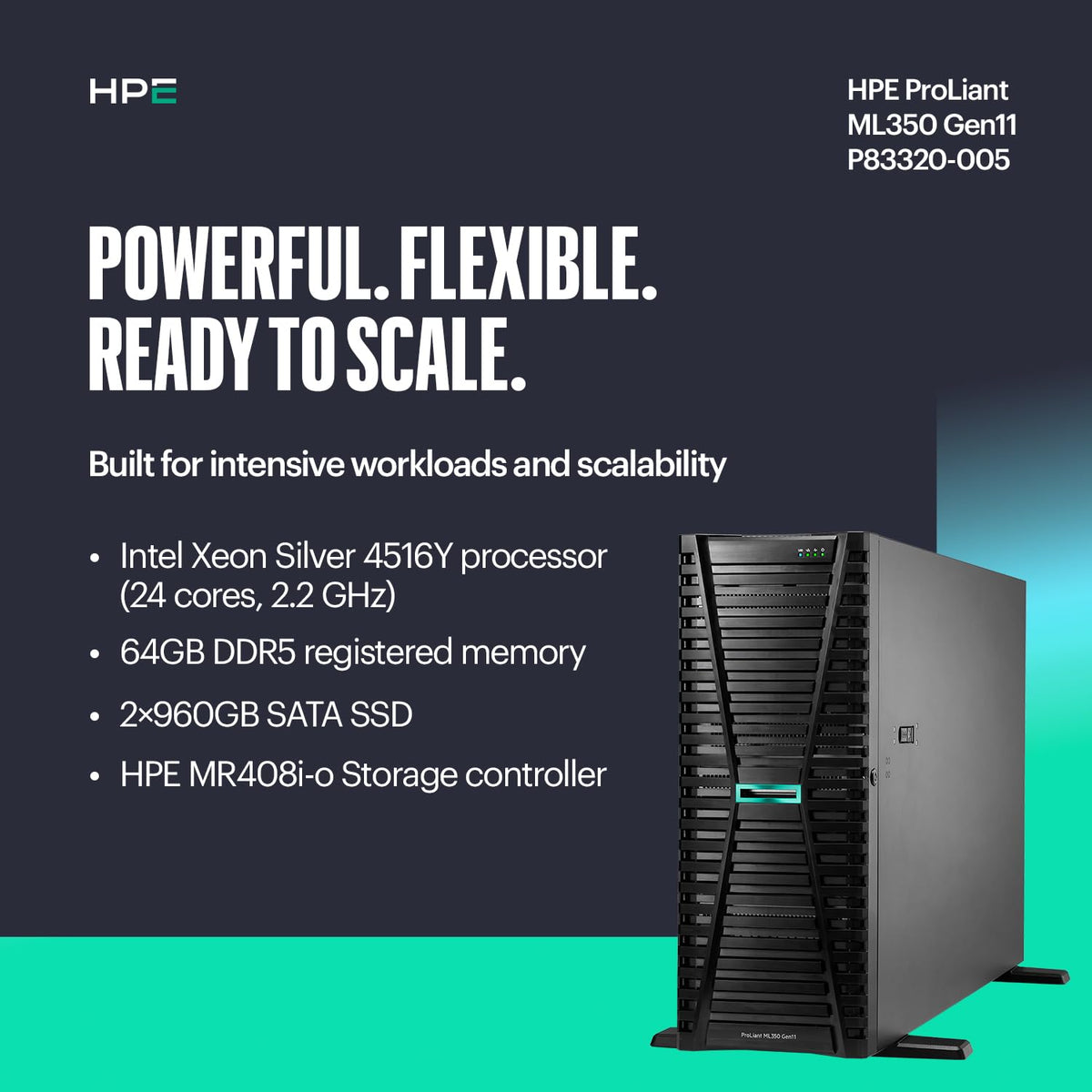 Hewlett Packard Enterprise ProLiant ML350 Gen11 Tower Server (P83320-005), Xeon Silver 4516Y+ 24-Core, 64GB DDR5, 8SFF, 2×960GB SSD, MR408i-o RAID, Dual 800W PSU