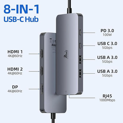 USB C Docking Station Dual Monitor, LIONWEI Laptop Docking Station 3 Monitors with 2 HDMI, 4K DisplayPort, 1Gbps Ethernet, 100W PD, 3 USB A/C 3.0, USB C Hub Multiport Adapter for Dell/Lenovo/HP