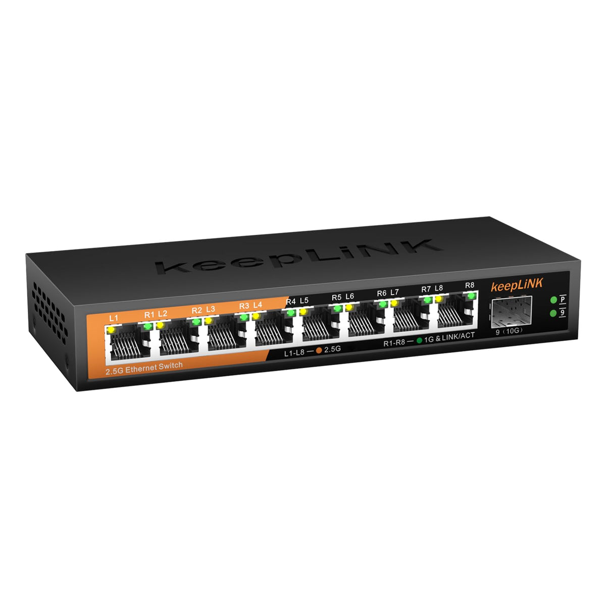 keepLiNK 8 Port 10G Ethernet Switch Unmanaged, 8X 10G RJ45 Ports Support 10G/5G/2.5G/1000M/100M Auto-Negotiation, 160Gbps Switching Capacity, Desketop or Rackmountable Plug and Play Network Switch