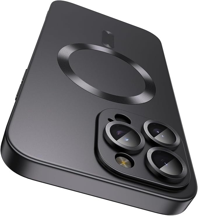Magnetic for iPhone 15 Pro Case [Compatible with MagSafe][Built-in Camera Lens Protector] Slim Soft Silicone Bumper Shockproof Metallic Shine Phone Case (Black)