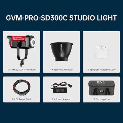 GVM 300C RGB Video Light, 300W Studio Light 2000K-10000K,48,200 Lux@ 1m with Reflector Photography Lighting with Bowens Mount & DMX Control, Studio Light for Film Recording,16 Lighting Effects