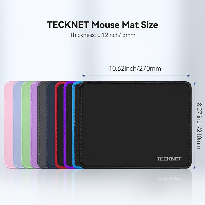 TECKNET Mouse Pad 270 x 210 x 3 mm with Anti-fray Stitchin, Waterproof Surface & Non-Slip Rubber Base with Stitched Edges Gaming Mouse Mat for Laptop，Compatible with Laser and Optical Mice - LT.Blue