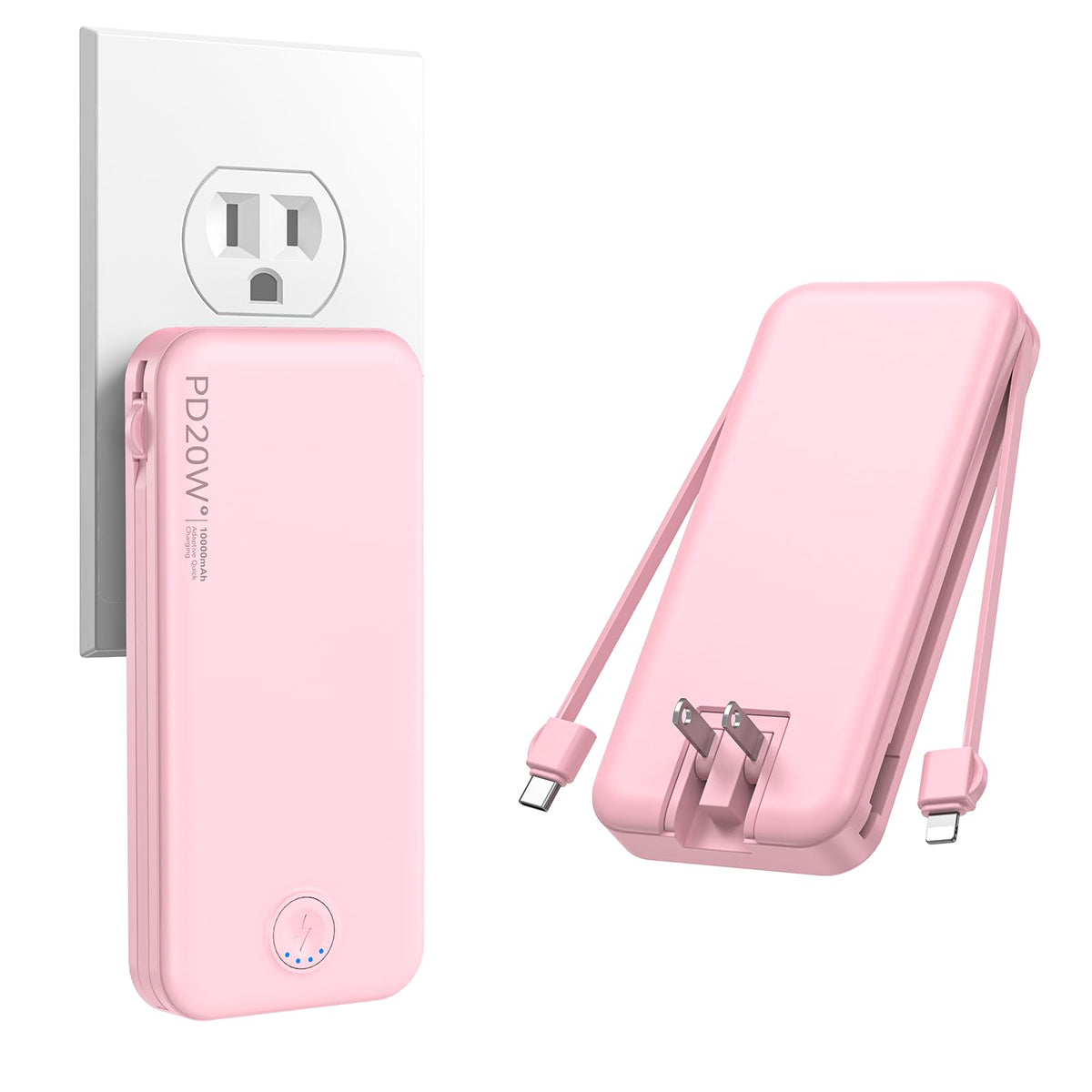 Nusyddy Portable Charger 10000mAh Fast Charging w/Built-in Wall Plug White