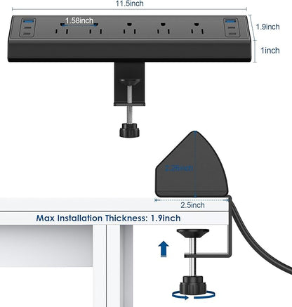 Desk Clamp Power Strip USB C,Under Desk Mount Power Station,20W Fast Charging,Fits 1.9'' Tabletop Edge,Desk Surge Protector,Perfect Home,Office Supplies (Black, 5 Outlets & 6 USB Ports & 20 FT Cable)