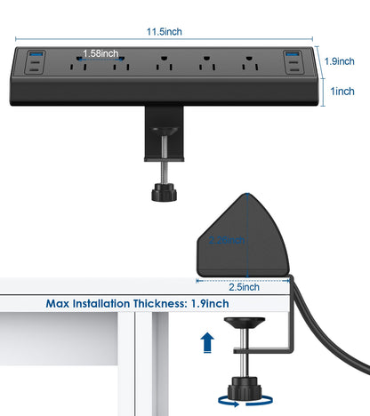 Desk Clamp Power Strip USB C,Under Desk Mount Power Station,20W Fast Charging,Fits 1.9'' Tabletop Edge,Desk Surge Protector,Perfect Home,Office Supplies (Black, 5 Outlets & 6 USB Ports & 10 FT Cable)
