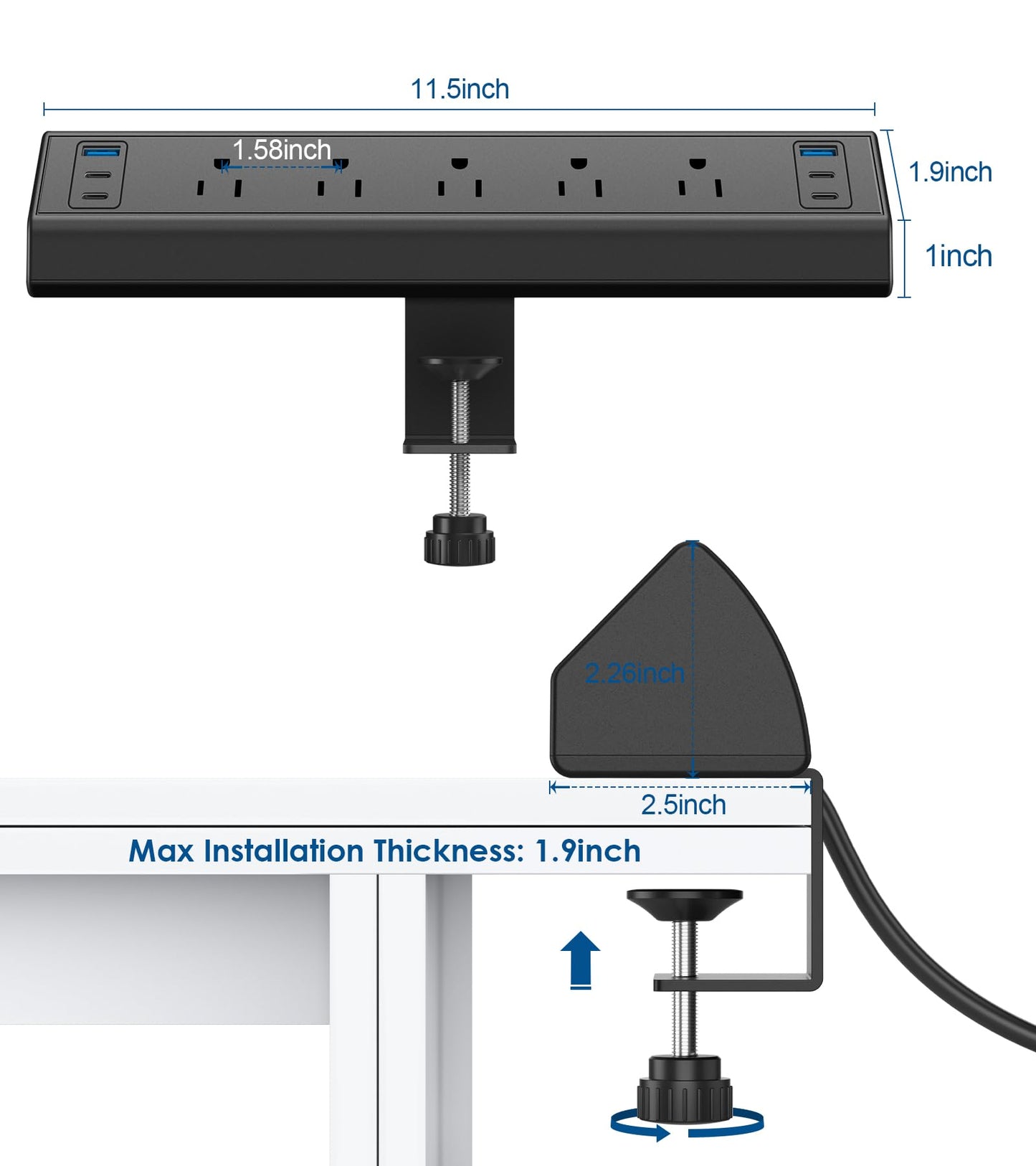 Desk Clamp Power Strip USB C,Under Desk Mount Power Station,20W Fast Charging,Fits 1.9'' Tabletop Edge,Desk Surge Protector,Perfect Home,Office Supplies (Black, 5 Outlets & 6 USB Ports & 10 FT Cable)