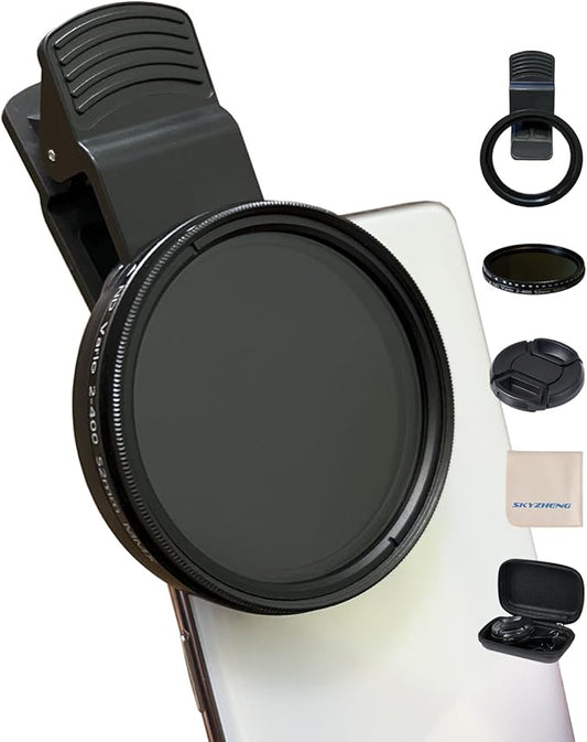 52mm Clip-on ND2-400 Phone Camera Lens Filter Kit, Adjustable Neutral Density Filter Compatible for iPhone 15 14 13 12 11, Google Pixel and Other Smart Phones