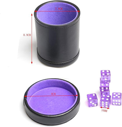 PU Leather Dice Cup Purple Velvet Lined Quiet Shaker with Lid Including 6 Purple Translucent Dice for Liars Dice Farkle Yahtzee Board Games