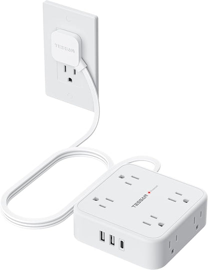 TESSAN Flat Plug Extension Cord, 5 Ft Surge Protector Power Strip with 3 USB (1 USB C) 8 Outlets, 900J Surge Protection, 3 Sided Outlet Extender with Power Switch for Dorm Room Essentials, White