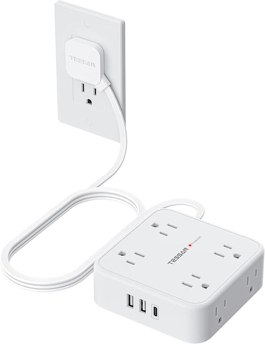 TESSAN Surge Protector Power Strip, 5 Ft Flat Plug Extension Cord with 3 USB (1 USB C) 8 Outlets, 900J Protection, 3 Sided Outlet Extender with Power Switch for Office, Dorm Room, White