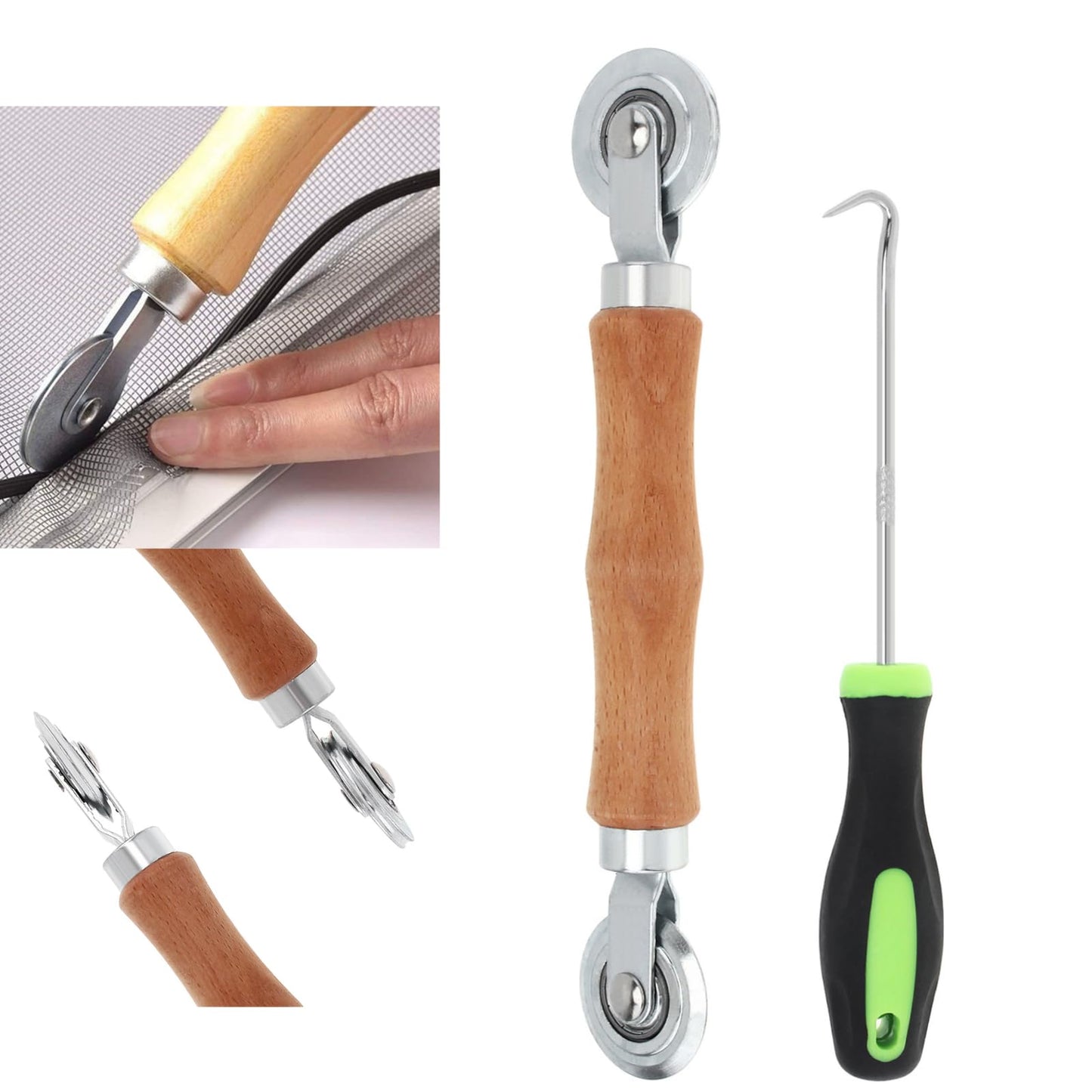 HOJLKLD Screen Repair Kit, Screen Roller Tool with Bearing Spline Roller Wooden Handle and Puller Hook for Installing Door Screen Window, 2 in 1 Screen Roller Tool Kit