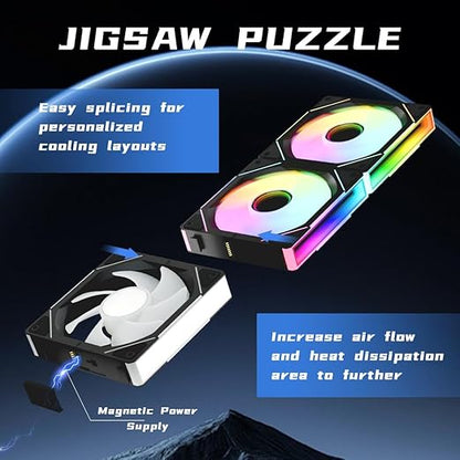 Jungle Leopard Interstellar V1 120mm PC Reverse Blade Case Fan, Infinity Mirror Module Daisy-Chain 5V ARGB PWM PC Fan Triple Pack Suitable for Computer Case & CPU Cooling(Black-3 Pack)