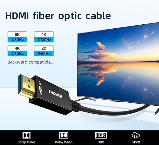 8K HDMI Fiber Optic Cable 30ft, 4K120 8K@60Hz HDMI 2.1 Cable, 48Gbps Ultra High Speed Slim HDMI Optical Audio Cable HDMI Cord, eARC HDR10 HDCP 2.2 Compatible with PS5 Xbox TV Projector