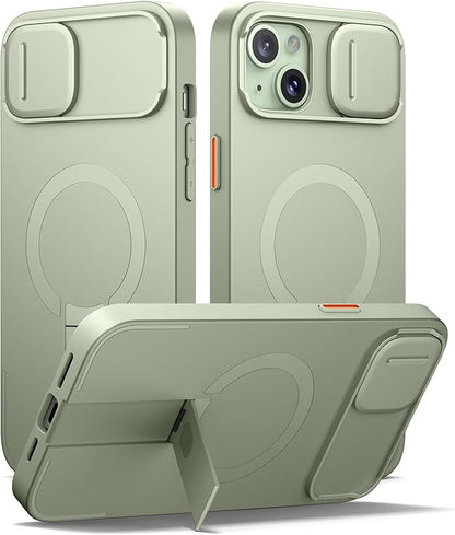 SURITCH for iPhone 14 Plus/15 Plus Case with Magnetic Camera Slide Cover and Adjustable Kickstand, Compatible with MagSafe, Shockproof Bumper Case Slim Protective Cover 6.7 Inch, Green