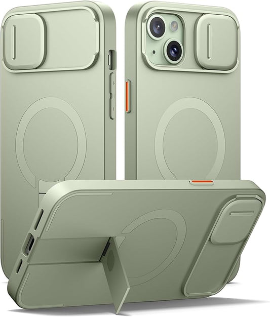 SURITCH for iPhone 14 Plus/15 Plus Case with Magnetic Camera Slide Cover and Adjustable Kickstand, Compatible with MagSafe, Shockproof Bumper Case Slim Protective Cover 6.7 Inch, Green