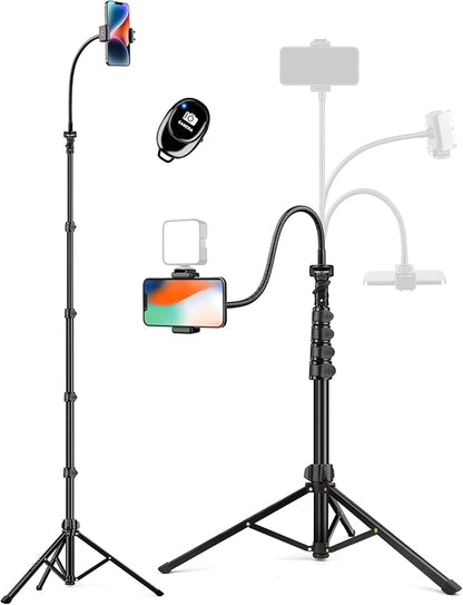 Phone Tripod Stand, 84" Tall Flexible Cellphone Tripod for iPhone with Gooseneck Remote, Portable Phone Stand for Recording, Compatible with iPhone 14 13 12 pro Android Camera