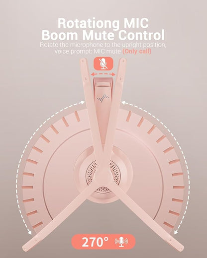 Wireless Headset with AI Noise Cancelling Microphone Bluetooth Headset - Bluetooth V5.2 Headphones with USB Dongle & Mic Mute for Computer/Laptop/PC/iPhone/Android/Cell Phones (Pink)