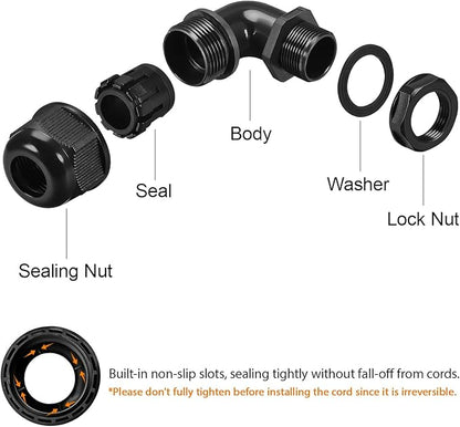 LeMotech M16 Cable Gland, 90 Degree Adjustable 6-10mm Strain Relief, Cord Connectors Nylon Joints with Gaskets, 2 Pcs, Black