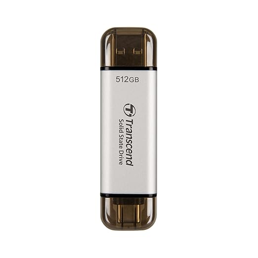 Transcend ESD310 512GB External SSD, Up to 1,050MB/s, Dual USB Flash Drive for iPhone/iPad/Mac/Windows/Android/Tablet/PC, USB3.2Gen2 Thumb Drive Photo Stick, 2-in-1 Type C &Type A Memory Stick-Silver