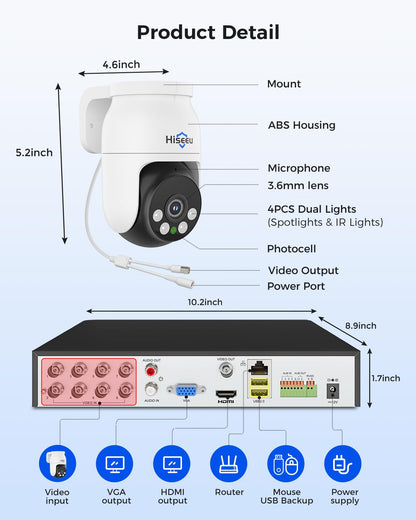 Hiseeu 3K Outdoor Wired Security Camera System with 8CH 5MP DVR,8 x 5MP PTZ CCTV Cameras,360°Coverage,Smart Dual Light & Audio,Person/Vehicle Detection,3TB HDD,100ft Night Vision,24/7 Recording