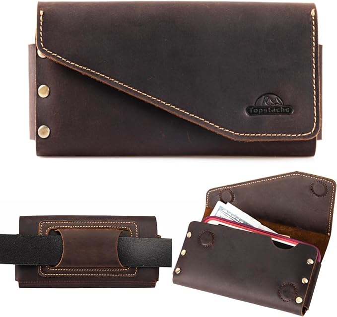 Topstache Leather Phone Holster with Belt Loop, Magnetic Closure Cell Phone Pouch Card Holder Wallet, Handmade Holder for iPhone 13 Pro Max, S22 Ultra, Dark Brown