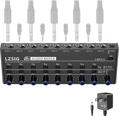 LZSIG Audio Mixer, Stereo Line Mixer for Sub-Mixing, Ultra Low-Noise, 8-Channel, Dynamic Microphone Independent Control, 1/4" & 1/8" TRS Output and Input, for Guitars,Bass,Keyboards
