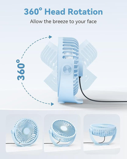 USB Desk Fan, 5 Inch Mini Portable, 3 Speeds Strong Airflow Personal Desktop, Detachable Cooling Fan 360° Rotation Quiet Small Fan for Desk Home Office Travel Car, Blue, 5ft Cable