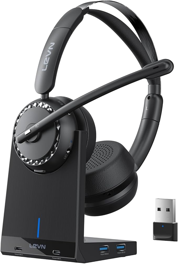 LEVN Wireless Headset, Wireless Headset with Mic for Work, AI Noise Cancelling, 65 Hrs Working Time, Bluetooth Headphones with Microphone from Home/Computer/Call Center/Teams