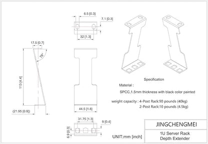 Jingchengmei 1U Server Rack Depth Extender - 4-Inch/10 cm Deep -Recessed Rack Mount Adapter Kit for Network Rack (1UEXB)