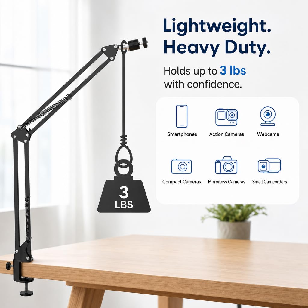 LenTok Overhead Tripod Mount for Camera Webcam Ring Light, Flexible Over Head Arm for iPhone with Phone Holder and Ball Head, Table Stand Accessory for Phone Video Recording Live Stream