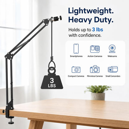 LenTok Overhead Tripod Mount for Camera Webcam Ring Light, Flexible Over Head Arm for iPhone with Phone Holder and Ball Head, Table Stand Accessory for Phone Video Recording Live Stream
