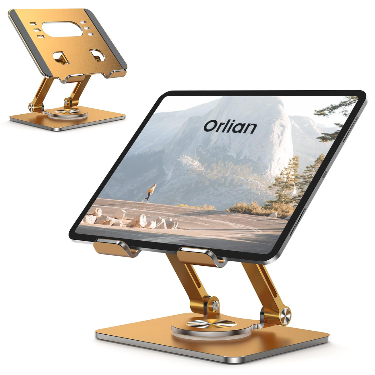 Orlian Tablet Stand Holder with Thickened 360°Rotating Base Dual Rod Adjustable 5.8-12.9”Aluminum Stand