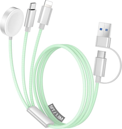 Temdan for Travel Vacation Essentials,3 in 2 USB C Cable for Apple Watch Charger/iPhone 16 Charger/Lightning,Multi Charging Cable Cord,Camping Essentials,Designed for iWatch &iPhone 16-12-5FT Green