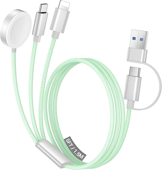 Temdan for Travel Vacation Essentials,3 in 2 USB C Cable for Apple Watch Charger/iPhone 16 Charger/Lightning,Multi Charging Cable Cord,Camping Essentials,Designed for iWatch &iPhone 16-12-5FT Green