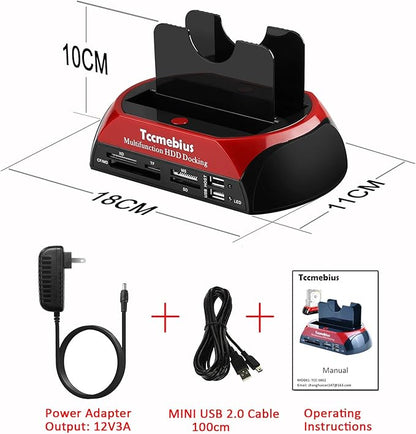 Hard Drive Docking Station, TCC-S862-US USB 2.0 to 2.5 3.5 Inch SATA IDE Dual Slots External Enclosure with All in 1 Card Reader and USB 2.0 Hub for 2.5" 3.5" IDE SATA I/II/III HDD SSD