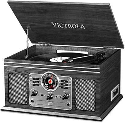 Victrola The Quincy 6-in-1 Bluetooth Record Player & Multimedia Center with Built-in Speakers – 3-Speed Turntable, CD & Cassette Player, AM/FM Radio, Wireless Music Streaming (Grey Wood)