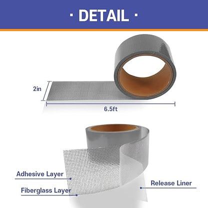 HA SHI Screen Repair Kit for Windows or Doors (2" x 6.5FT, Grey) 3-Layer Strong Adhesive Tape, Made in Korea, Ease-Installation Fiberglass Covering Mesh