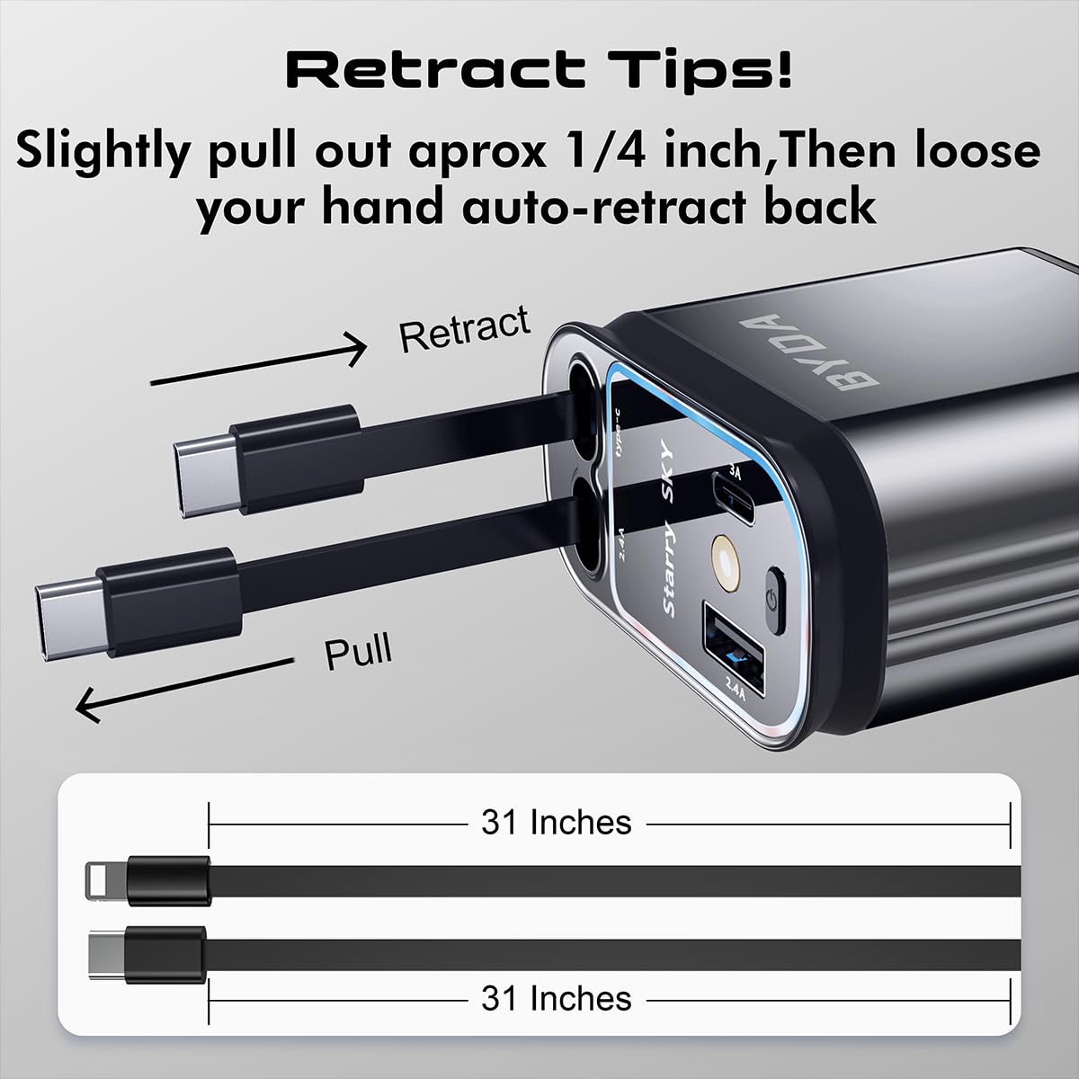 4 in 1 Retractable Car Charger with Starry Light,69W USB-C Fast Car Charger, for iPhone 17/16/15/14/13/12/11, Android,Pixel,Cigarette Lighter Charger (for Lightning+USB-C)