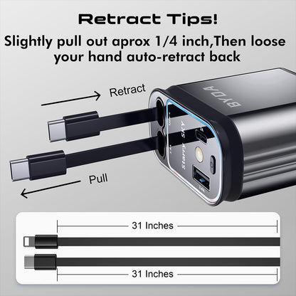 4 in 1 Retractable Car Charger with Starry Light,69W USB-C Fast Car Charger, for iPhone 17/16/15/14/13/12/11, Android,Pixel,Cigarette Lighter Charger (for Lightning+USB-C)