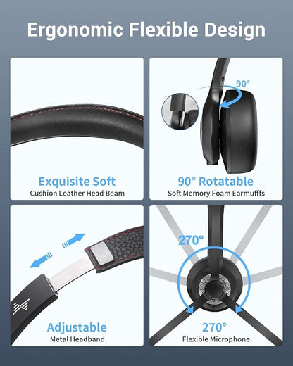 Wireless Headset with AI Noise Cancelling Microphone Bluetooth Headset - Bluetooth V5.2 Headphones with USB Dongle, Charging Base & Mic Mute for Computer/Laptop/PC/iPhone/Android/Cell Phones