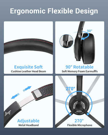 JIAMQISHI Bluetooth Wireless Headset with Mic for Work, Bluetooth 5.2, Advanced Noise Reduction Microphone, Clear Calls - Comfortable On-Ear Headphones, Applicable to PC, Laptop, Phone, Android, Zoom