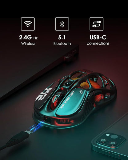 GravaStar Mercury M2 Wireless Gaming Mouse with 26,000 DPI, PAW3395DM Sensor -79g Lightweight Hollowed-Out Design -5 Programmable Buttons -5 Dynamic Lightsync RGB
