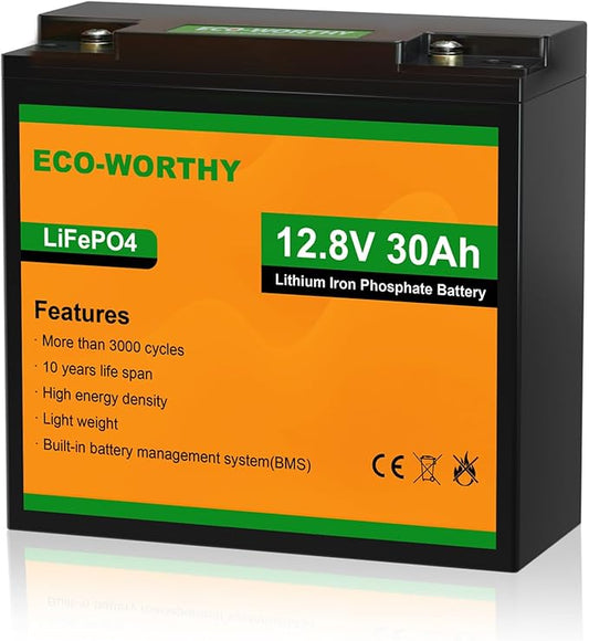 ECO-WORTHY 12V 30Ah LiFePO4 Lithium Battery, 4000+ Deep Cycle Rechargeable Battery with BMS for Ham Radio, Fish Finder, Kids Scooters, Power Wheels, Trolling Motor, Replacement of 12V 35AH SLA