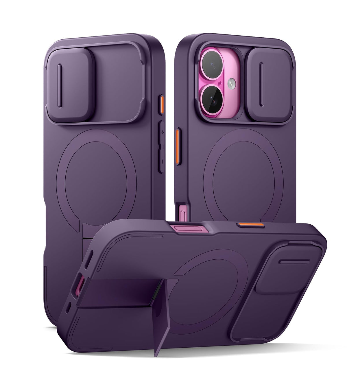 SURITCH for iPhone 14 Plus/15 Plus Case with Magnetic Camera Slide Cover and Adjustable Kickstand, Compatible with MagSafe, Shockproof Bumper Case Slim Protective Cover 6.7 Inch, Dark Purple