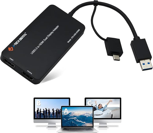 J-Tech Digital USB 3.0 (Type A/C) to Dual HDMI 4K 30Hz & 1080P 60Hz Display Adapter | Features USB-A or USB-C Inputs, USB Powered, Mirror, Extend, Rotation, Clamshell Modes [JTD-USB-2HDMI]