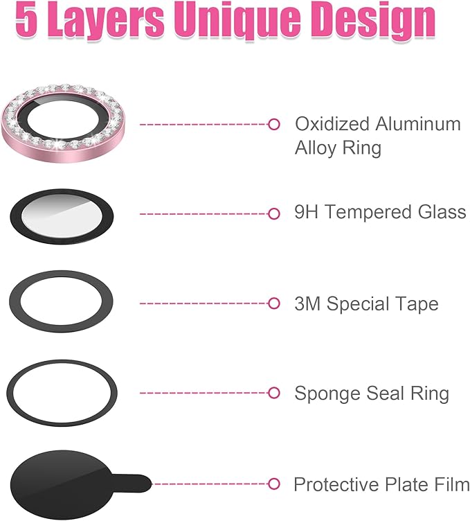 AGVEE 3+3 6 Pack for iPhone 12 Pro/12/12 Mini/11 Pro Max/11 Pro/11 Camera Lens Cover Protector, Diamond & Glitter Metal Ring 9H Tempered HD Glass Camera Protector, Bling-Pink