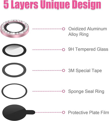AGVEE 3+3 6 Pack for iPhone 12 Pro/12/12 Mini/11 Pro Max/11 Pro/11 Camera Lens Cover Protector, Diamond & Glitter Metal Ring 9H Tempered HD Glass Camera Protector, Bling-Pink