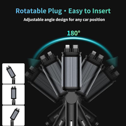 MLVOC Starlight Retractable 66W USB C Car Charger, 4-in-1 Fast Charging Adapter with Dual USB Ports, PD & QC 3.0 for iPhone, Samsung, Android (Black)