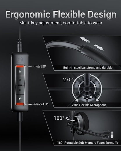 USB Headset with Microphone for PC - Lightweight Single-Ear Computer Headset, Crystal Clear Sound & Comfort Fit, Flexible Steel Headband (3.5mm+USB)