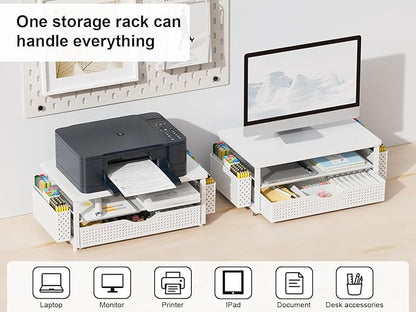 gianotter Wood Monitor Stand Riser, Office Desk Shelf Organizer, Desk Organizer with Drawer and Pen Holder, 2-Tier Computer Stand, Office Organization (Matte White)